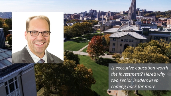 Aerial image of CMU campus with text overlaid that reads: Is executive education worth the investment? Here's why two senior leaders keep coming back for more.