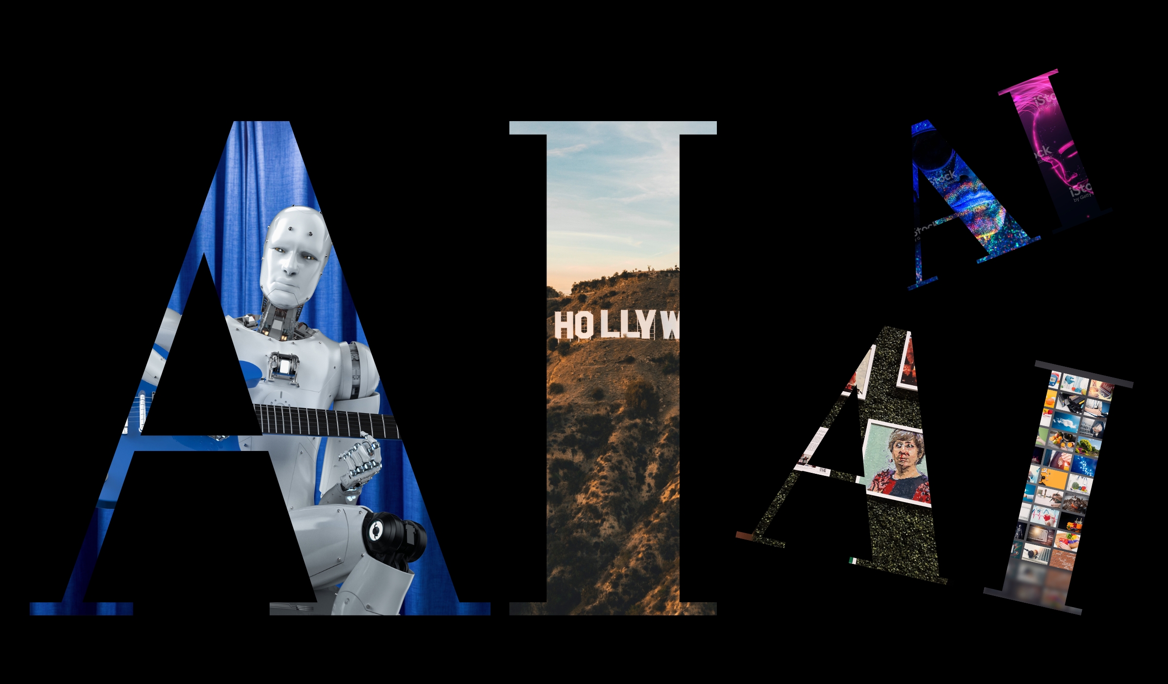A graphic image of artificial intelligence overlayed atop the Hollywood Hills.